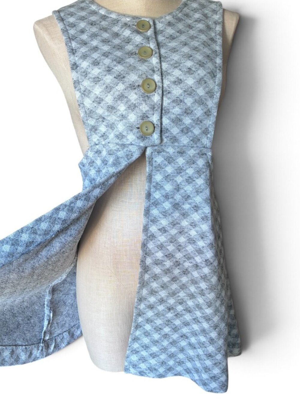 Vintage 1970s Gray Plaid Vest Top, Open Front Mini Dress Small - Picture 4 of 10